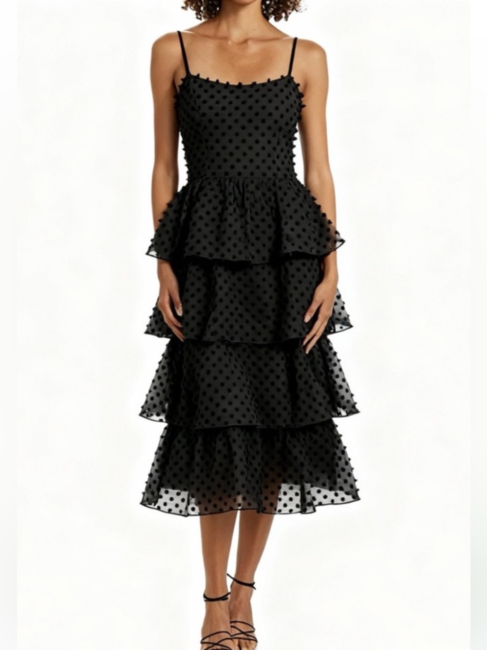 Lulus Flirting With You Black Tiered Pom Pom Dot Midi Dress